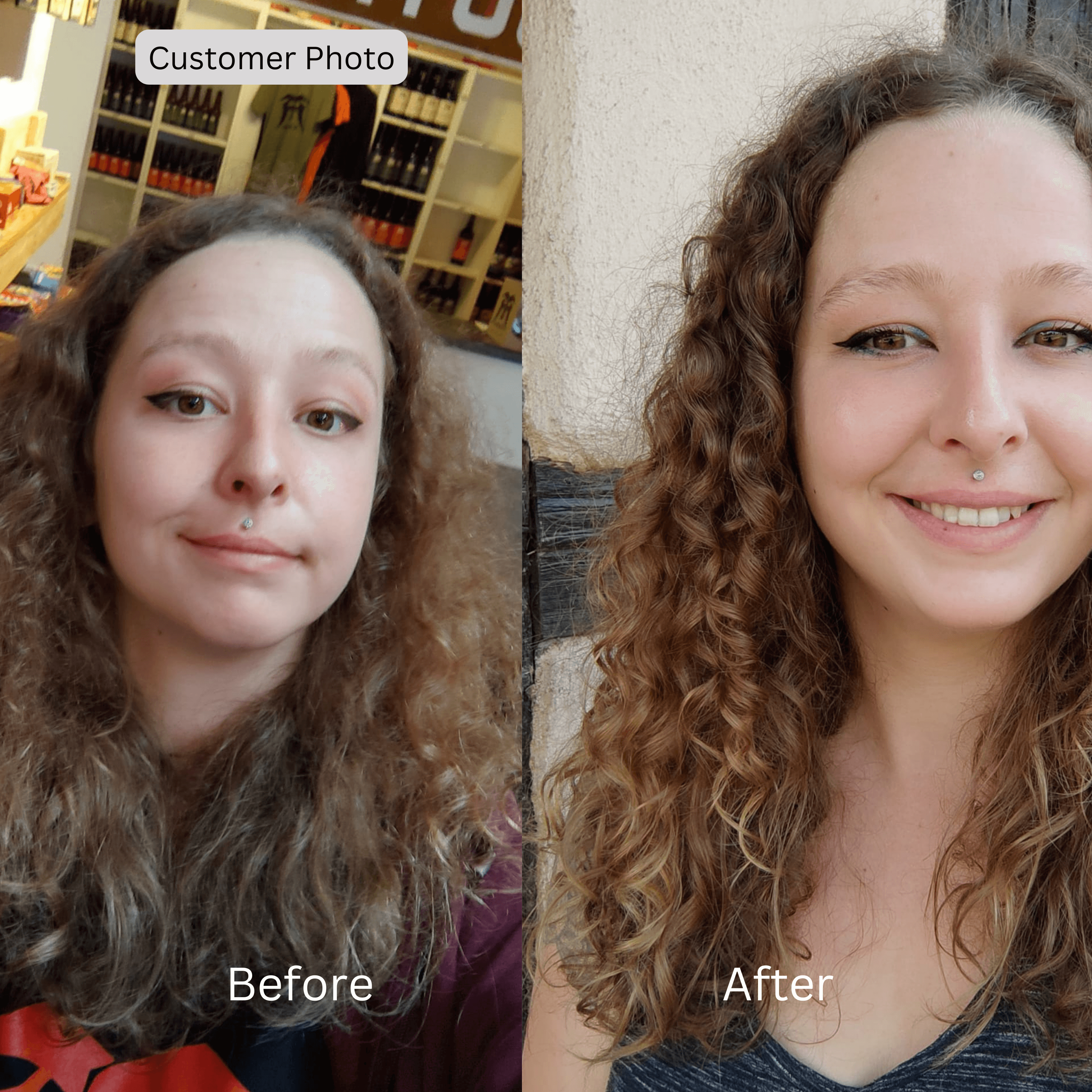 Before and after photo showing transformation of curly hair with solid shampoo bar, highlighting improved texture and shine.