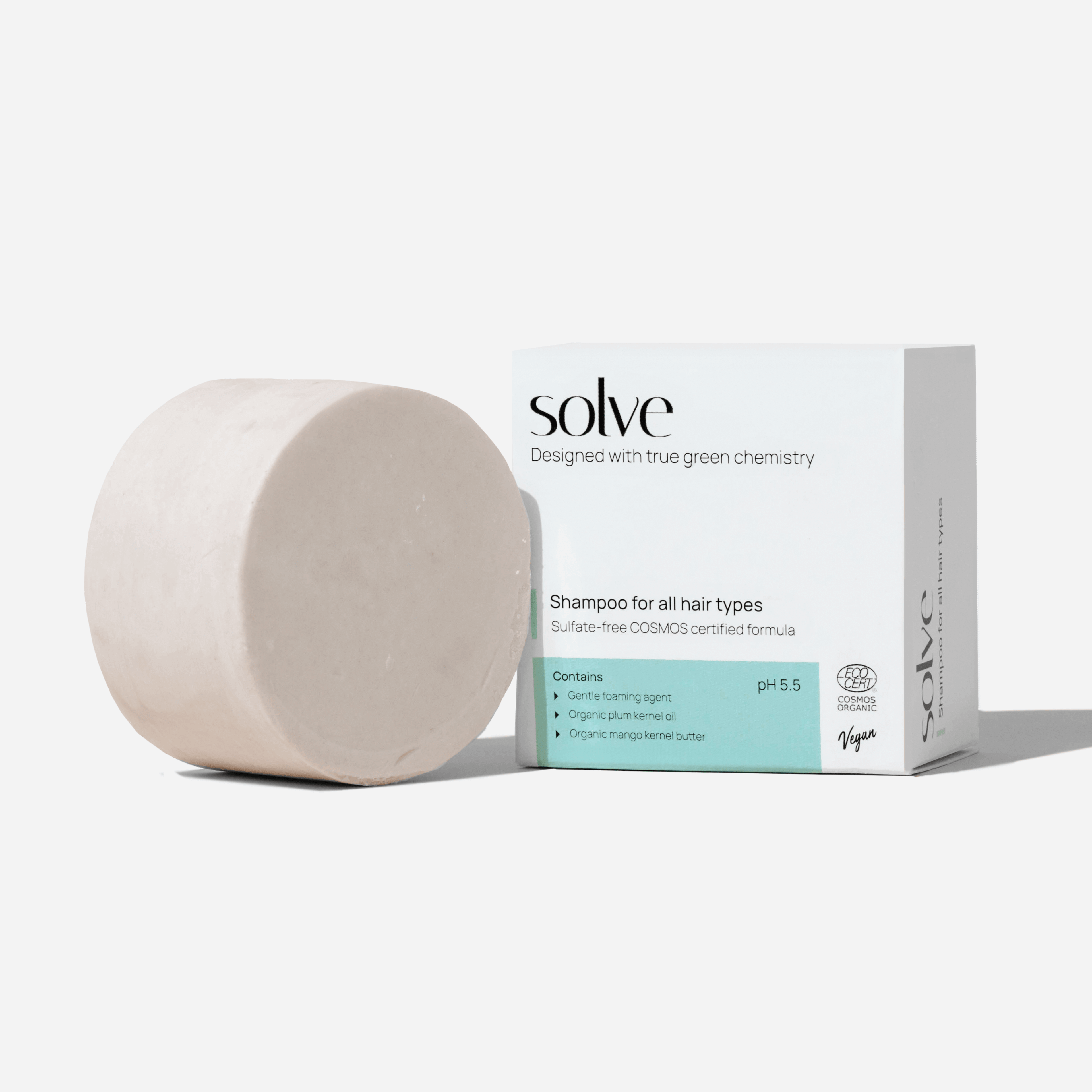 Solve Solid Shampoo Bar with box, organic, sulfate-free, ideal for all hair types, eco-friendly cosmetics from Switzerland.