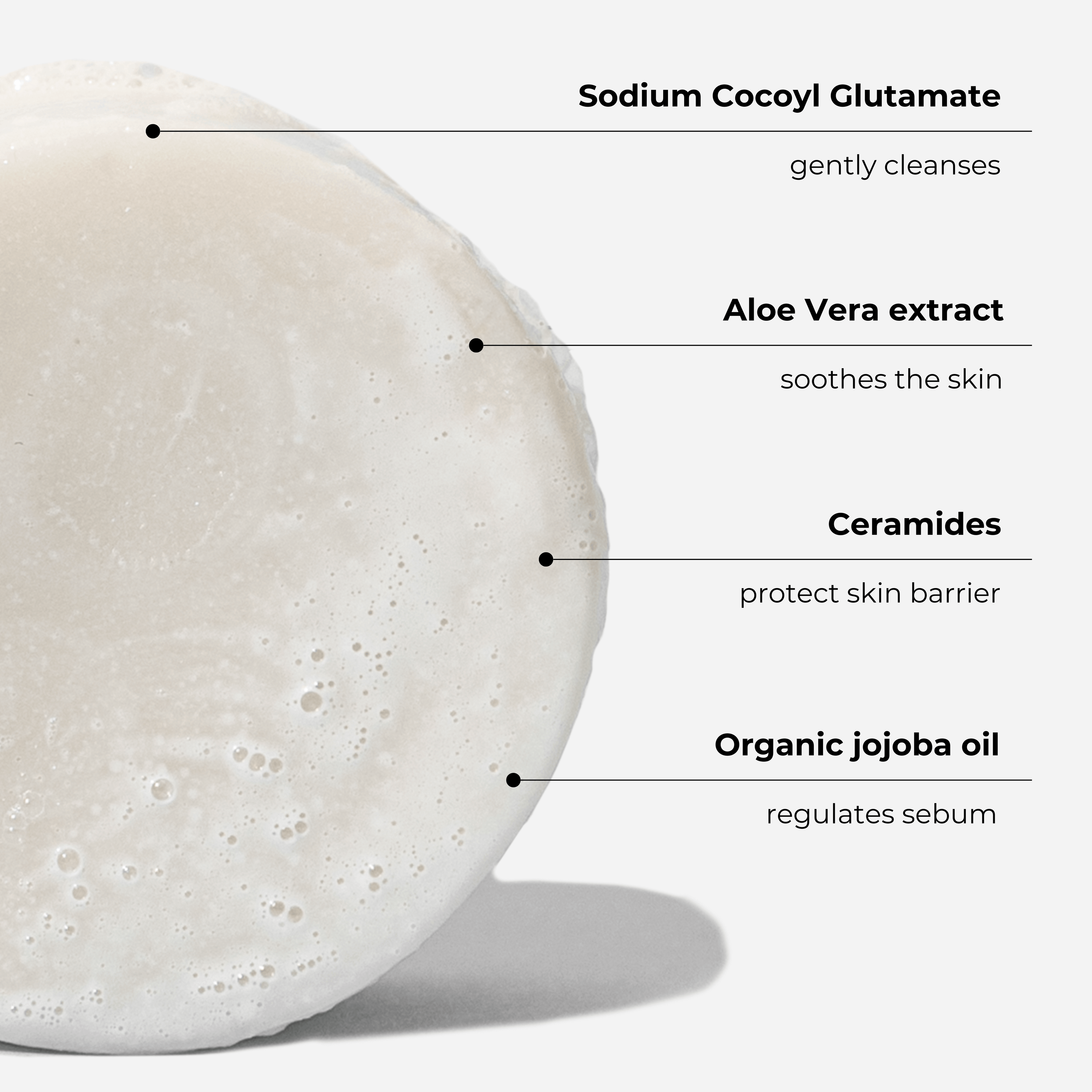 Facial cleansing bar with ingredients: Sodium Cocoyl Glutamate, Aloe Vera, Ceramides, Organic Jojoba Oil for gentle skin care.