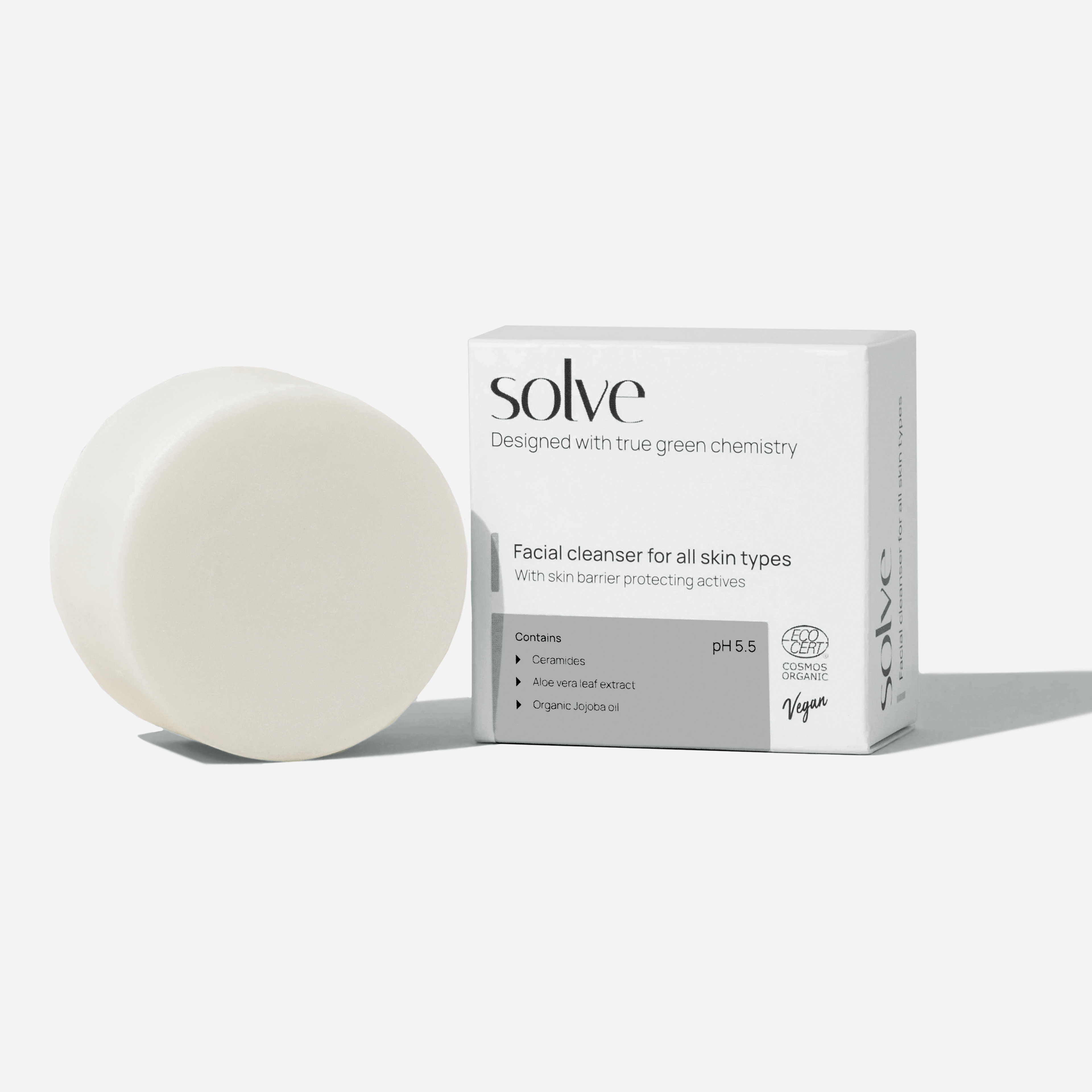 Solve Solid Facial Cleansing Bar, organic, vegan, pH 5.5, suitable for all skin types, eco-friendly skincare.