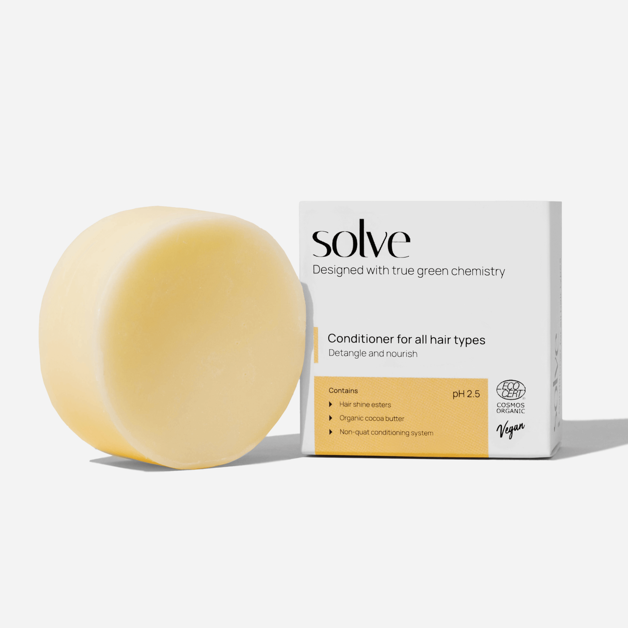 Solid conditioner bar by Solve Cosmetics, eco-friendly and vegan, suitable for all hair types, aimed at detangling and nourishing.