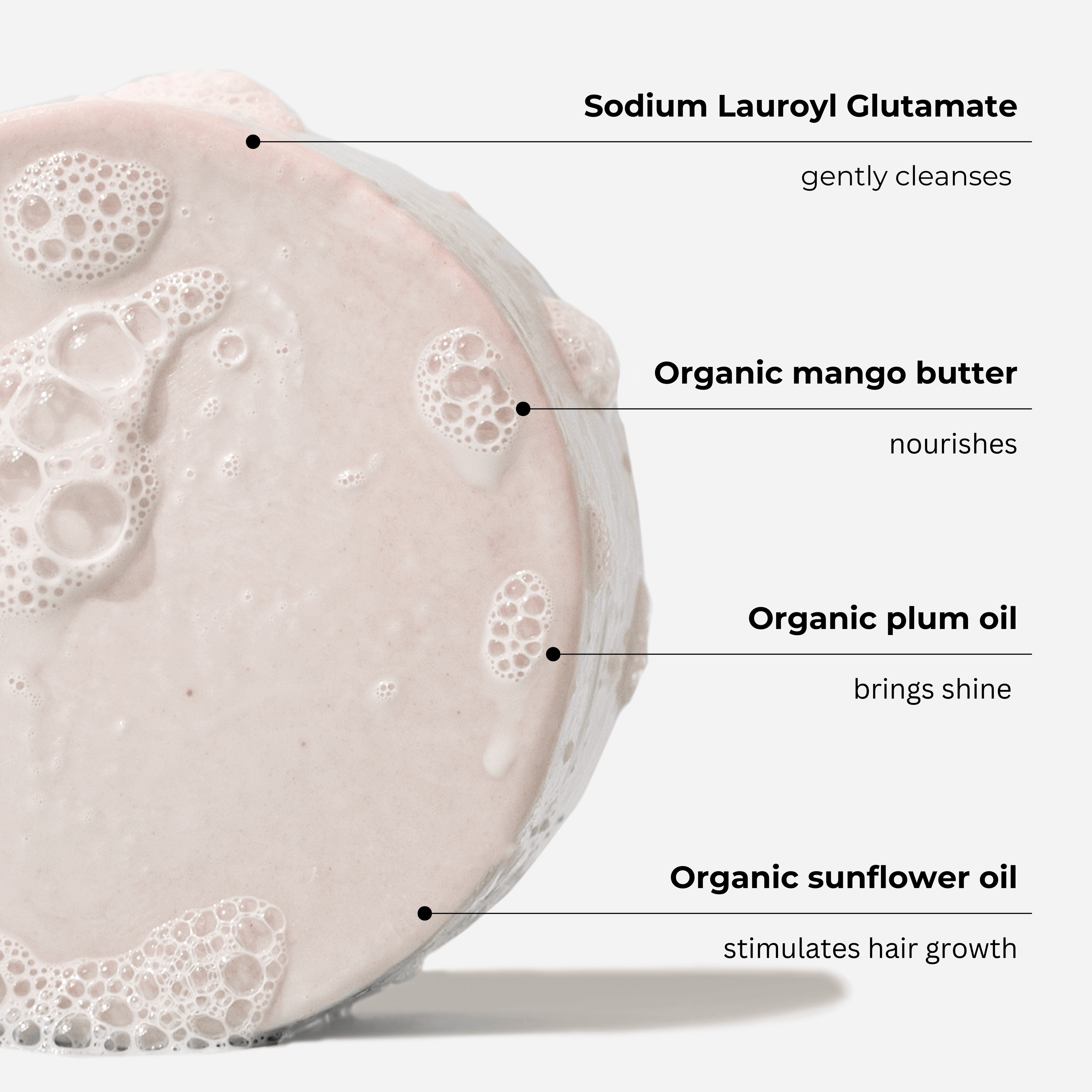 Solid shampoo bar ingredients: Sodium Lauroyl Glutamate, Organic Mango Butter, Organic Plum Oil, Organic Sunflower Oil.