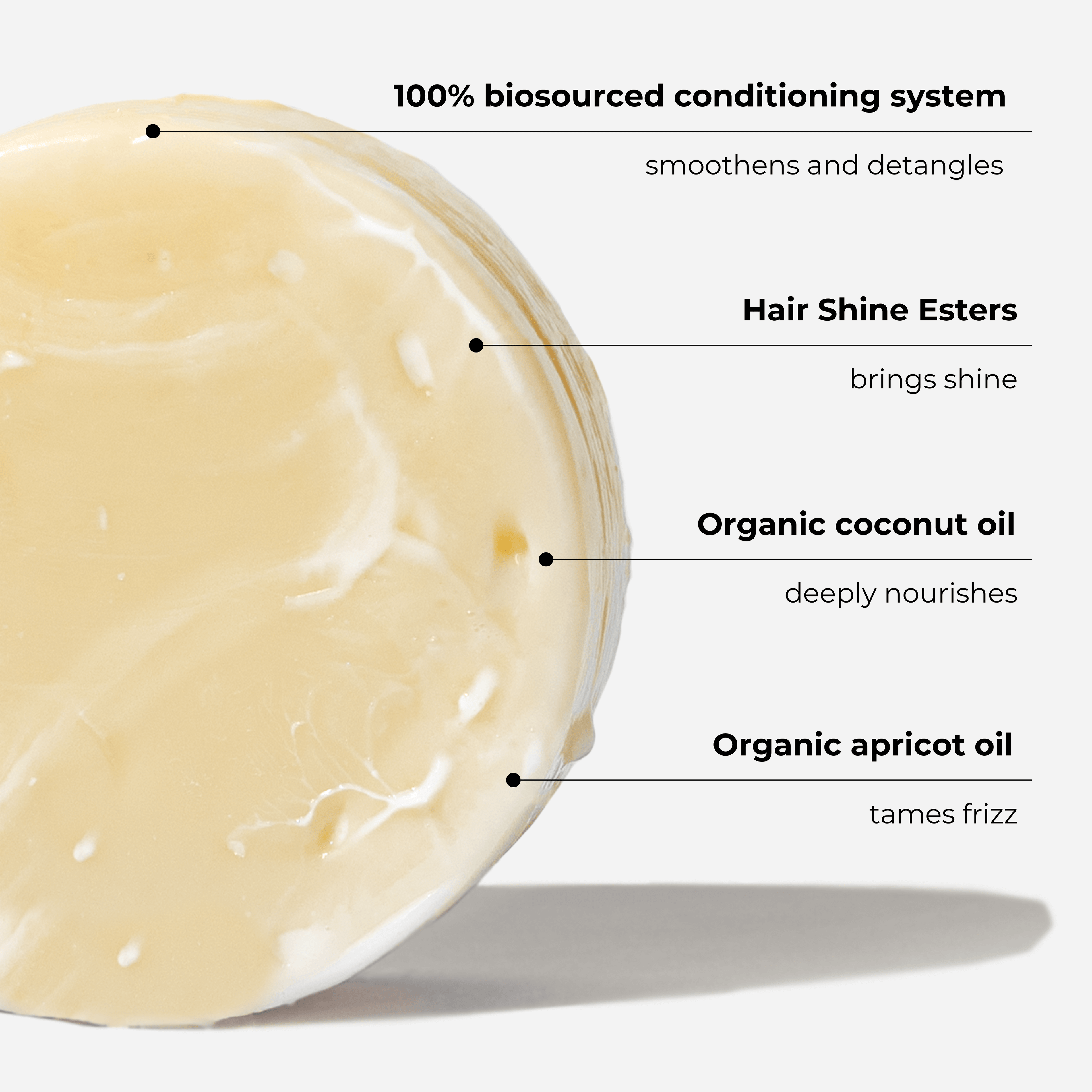 Solid conditioner bar with nourishing oils and biosourced conditioning system for smooth, frizz-free hair.