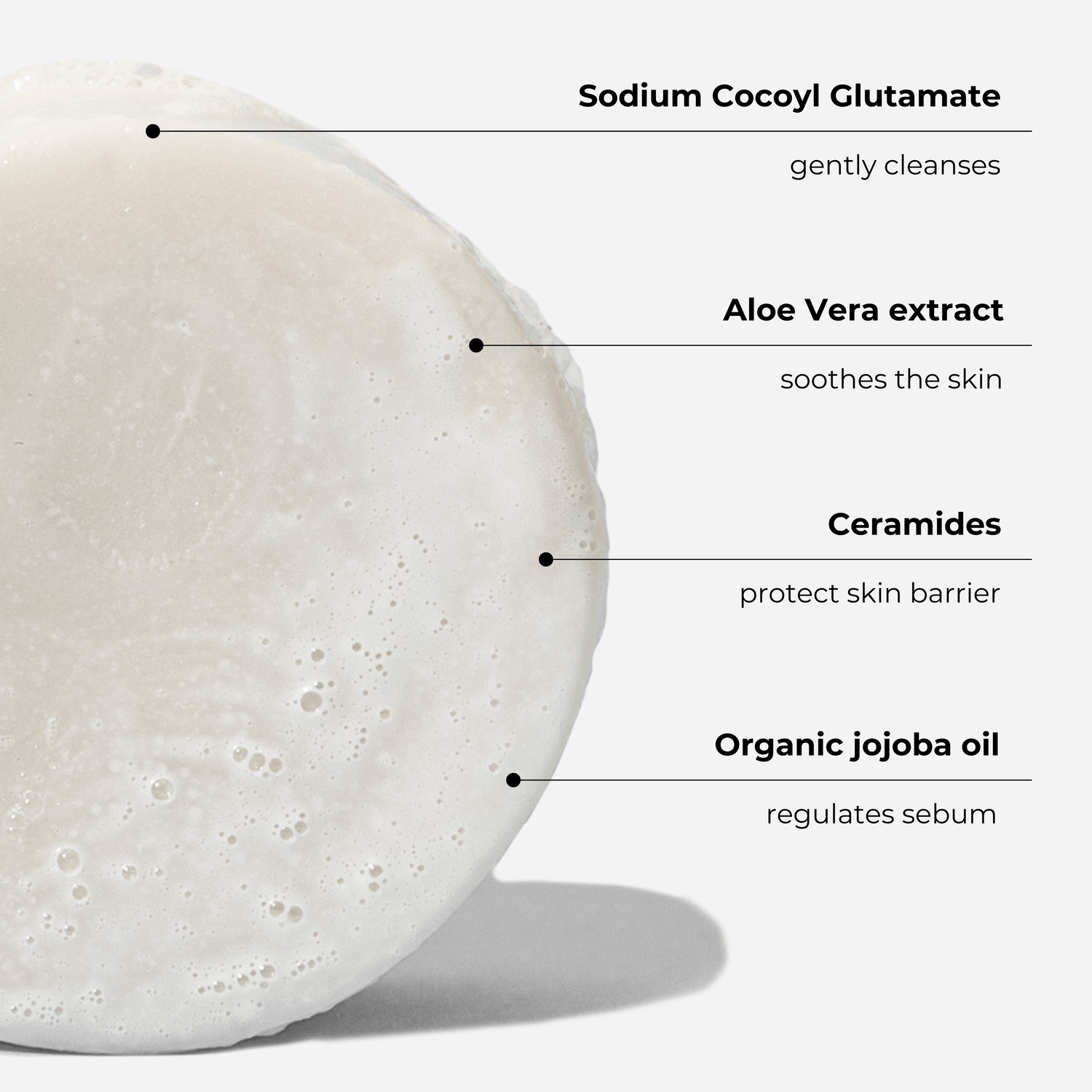 Facial cleansing bar with ingredients: Sodium Cocoyl Glutamate, Aloe Vera, Ceramides, Organic Jojoba Oil for gentle skin care.