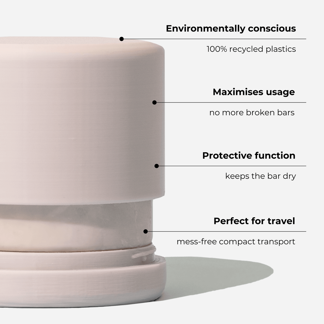 Solid shampoo bar holder made from 100% recycled plastics, designed for mess-free travel and bar protection.